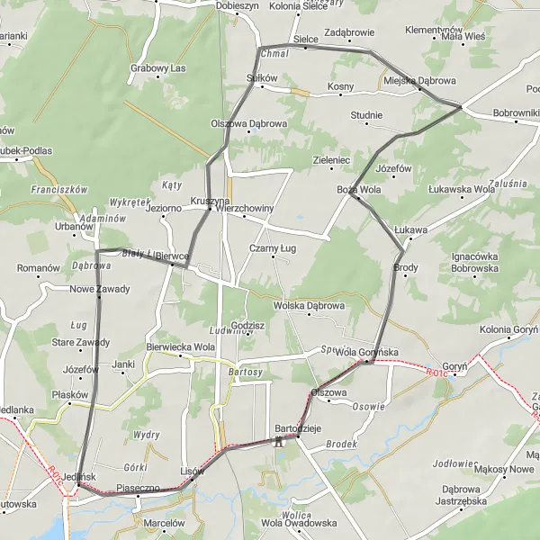 Miniatura mapy "Trasa przez Bierwce, Bartodzieje i Jedlińsk" - trasy rowerowej w Mazowiecki regionalny, Poland. Wygenerowane przez planer tras rowerowych Tarmacs.app