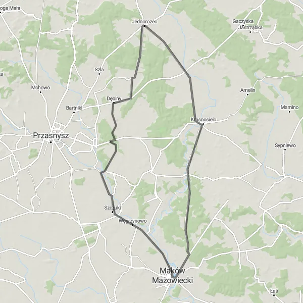 Miniatura mapy "Okolicznościowa trasa Krasnosielc - Stegna" - trasy rowerowej w Mazowiecki regionalny, Poland. Wygenerowane przez planer tras rowerowych Tarmacs.app