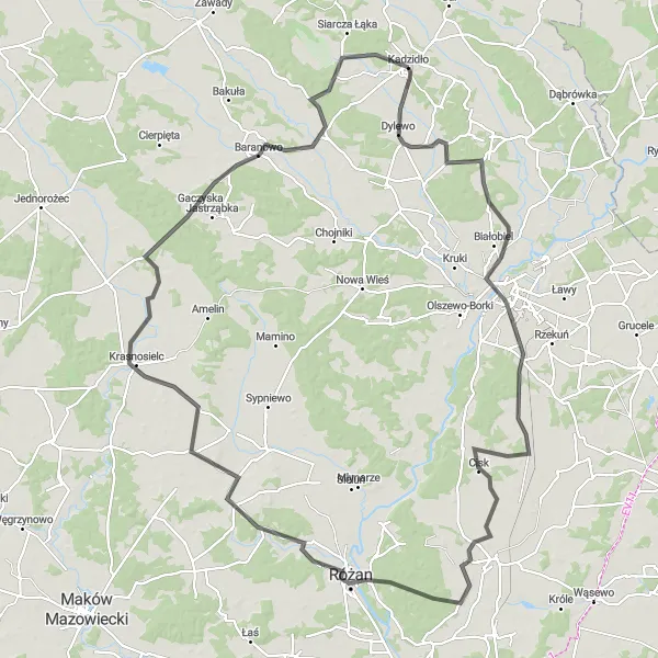 Miniatura mapy "Trasa przez Różan" - trasy rowerowej w Mazowiecki regionalny, Poland. Wygenerowane przez planer tras rowerowych Tarmacs.app