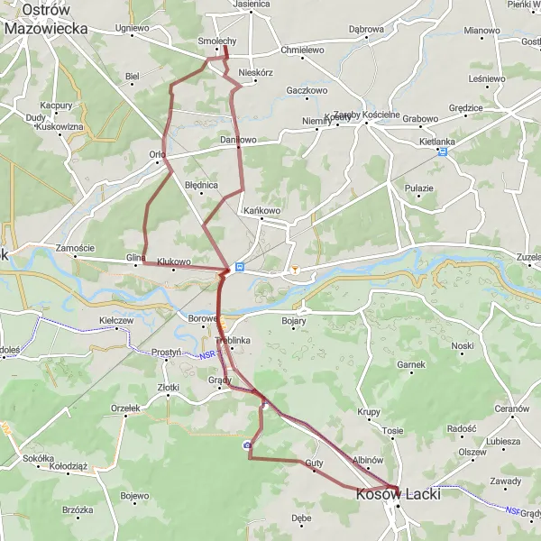 Map miniature of "Discovering Gravel Roads in Mazowiecki" cycling inspiration in Mazowiecki regionalny, Poland. Generated by Tarmacs.app cycling route planner