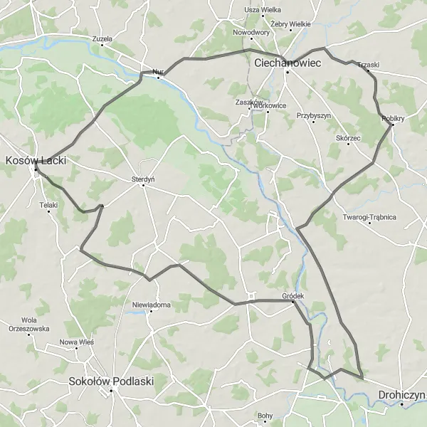 Map miniature of "Circling through Serene Ceranów" cycling inspiration in Mazowiecki regionalny, Poland. Generated by Tarmacs.app cycling route planner