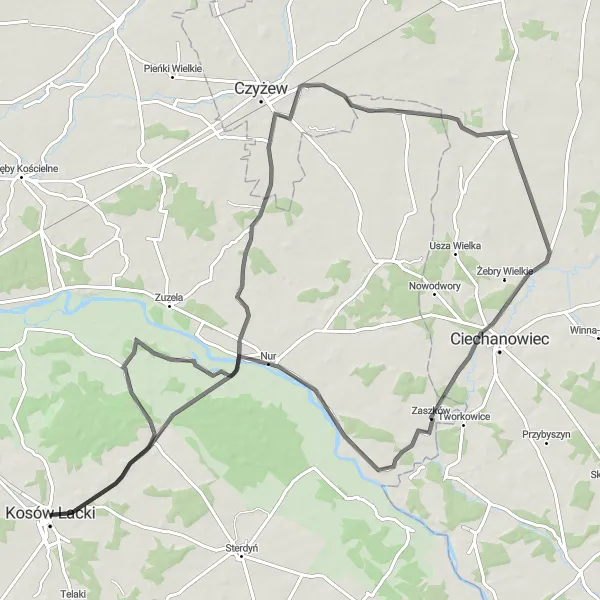 Map miniature of "Czyżew-Siedliska Loop" cycling inspiration in Mazowiecki regionalny, Poland. Generated by Tarmacs.app cycling route planner