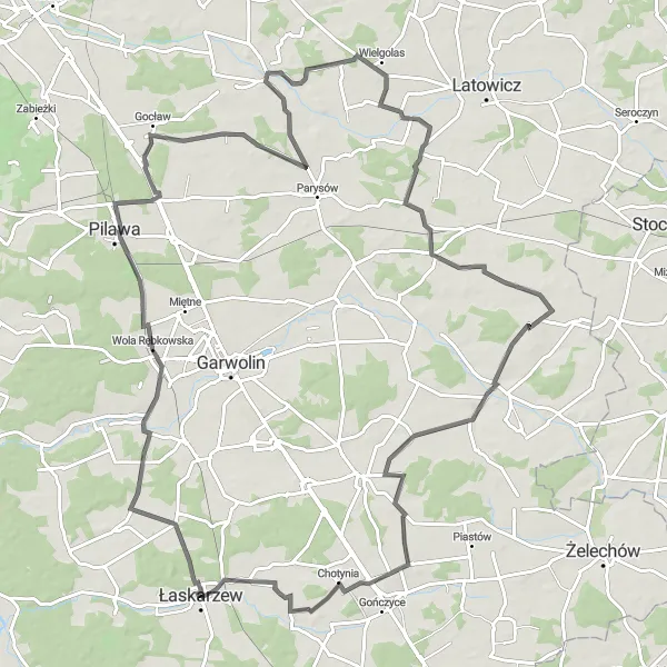 Map miniature of "The Łaskarzew Loop" cycling inspiration in Mazowiecki regionalny, Poland. Generated by Tarmacs.app cycling route planner