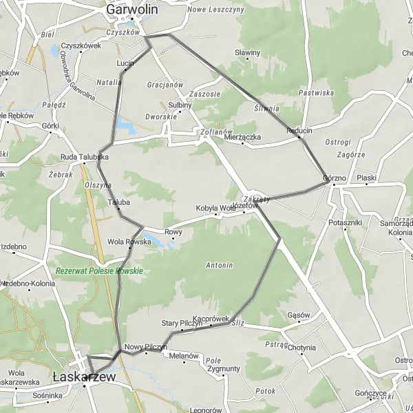 Map miniature of "Scenic Road Ride near Łaskarzew" cycling inspiration in Mazowiecki regionalny, Poland. Generated by Tarmacs.app cycling route planner