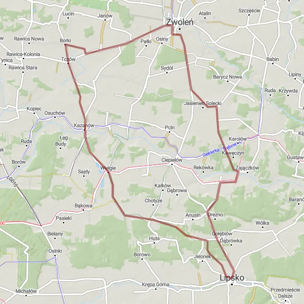 Miniatura mapy "Trasa gravelowa przez Jasieniec Solecki" - trasy rowerowej w Mazowiecki regionalny, Poland. Wygenerowane przez planer tras rowerowych Tarmacs.app