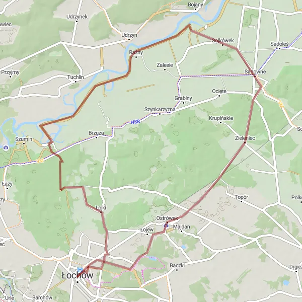 Map miniature of "Hidden Gems of Łochów" cycling inspiration in Mazowiecki regionalny, Poland. Generated by Tarmacs.app cycling route planner
