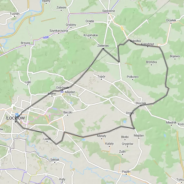 Map miniature of "Road to Kamionna" cycling inspiration in Mazowiecki regionalny, Poland. Generated by Tarmacs.app cycling route planner