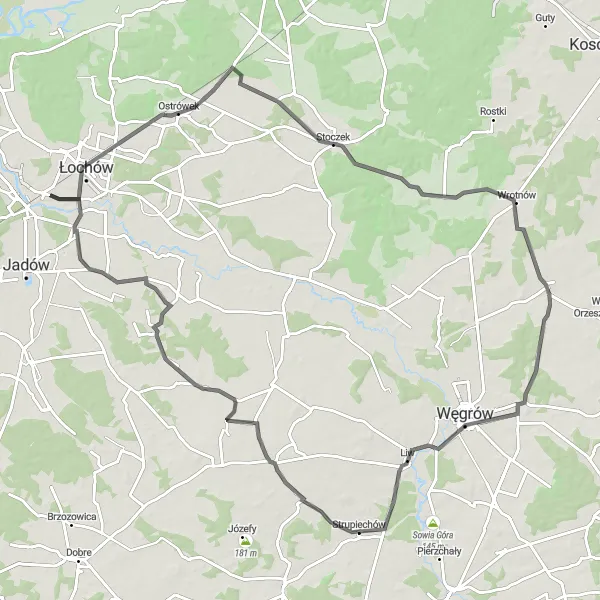 Map miniature of "The Roadways of Mazowiecki" cycling inspiration in Mazowiecki regionalny, Poland. Generated by Tarmacs.app cycling route planner