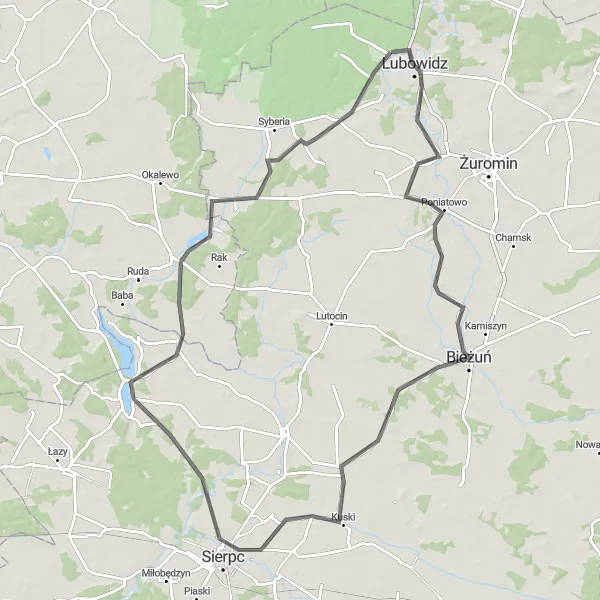 Map miniature of "Lubowidz Circuit" cycling inspiration in Mazowiecki regionalny, Poland. Generated by Tarmacs.app cycling route planner