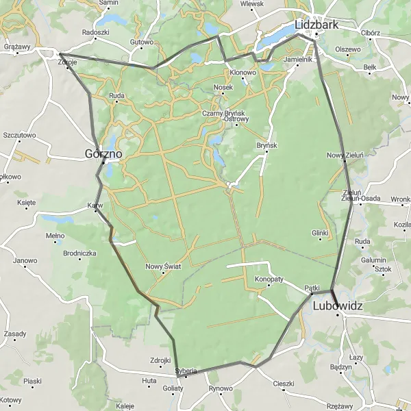 Map miniature of "Lidzbark Road Cycling Route" cycling inspiration in Mazowiecki regionalny, Poland. Generated by Tarmacs.app cycling route planner