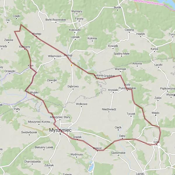 Map miniature of "Gravel Adventure around Łyse" cycling inspiration in Mazowiecki regionalny, Poland. Generated by Tarmacs.app cycling route planner