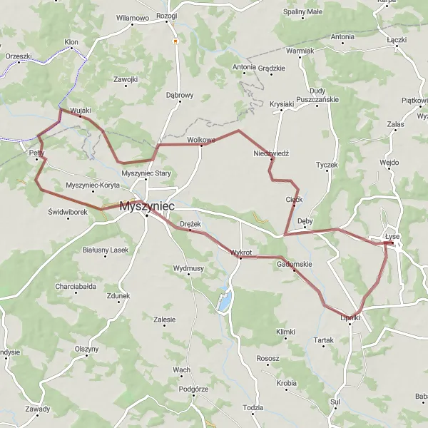 Miniatura mapy "Trasa gravelowa przez Wykrot, Myszyniec i Cięćk" - trasy rowerowej w Mazowiecki regionalny, Poland. Wygenerowane przez planer tras rowerowych Tarmacs.app