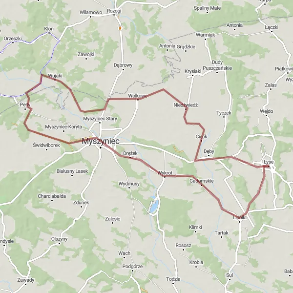 Map miniature of "Discover Gravel Paths and Forests near Łyse" cycling inspiration in Mazowiecki regionalny, Poland. Generated by Tarmacs.app cycling route planner