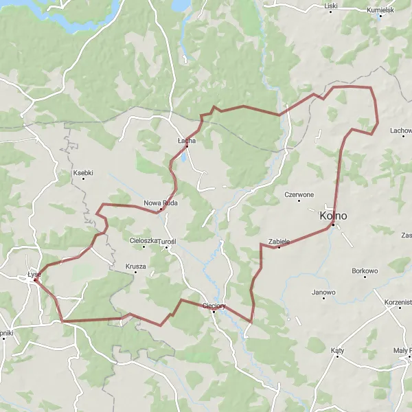 Map miniature of "Gravel Adventure to Charubin" cycling inspiration in Mazowiecki regionalny, Poland. Generated by Tarmacs.app cycling route planner