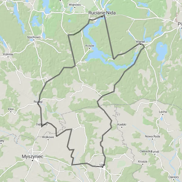 Map miniature of "Scenic Road Cycling Adventure around Łyse" cycling inspiration in Mazowiecki regionalny, Poland. Generated by Tarmacs.app cycling route planner