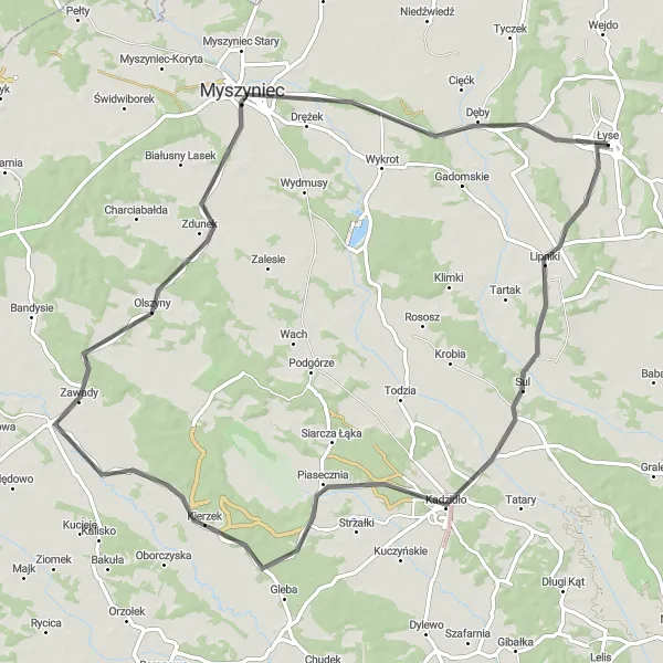 Map miniature of "Road Cycling Loop through Mazowiecki Countryside" cycling inspiration in Mazowiecki regionalny, Poland. Generated by Tarmacs.app cycling route planner