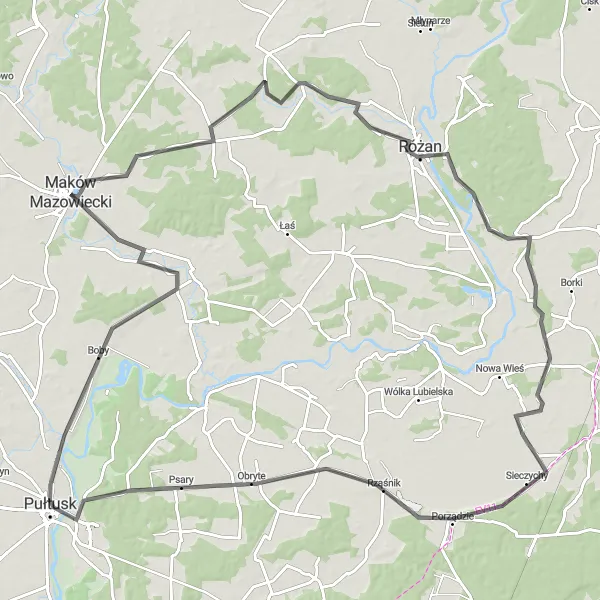 Map miniature of "Through Chrzczanka Włościańska" cycling inspiration in Mazowiecki regionalny, Poland. Generated by Tarmacs.app cycling route planner