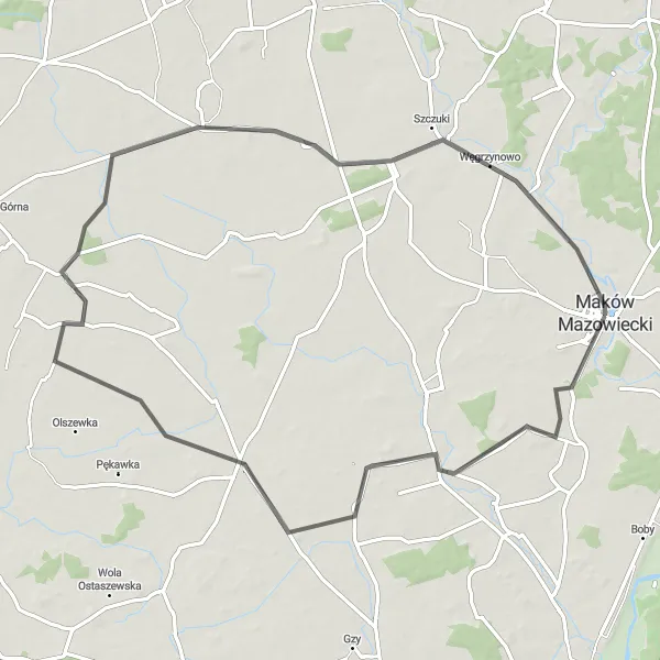 Map miniature of "Gołymin-Ośrodek Loop" cycling inspiration in Mazowiecki regionalny, Poland. Generated by Tarmacs.app cycling route planner