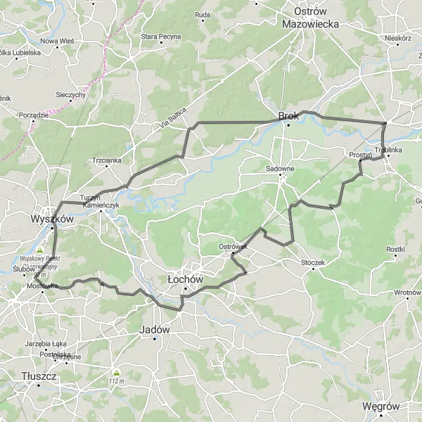 Map miniature of "Scenic Road Ride Around Małkinia Górna" cycling inspiration in Mazowiecki regionalny, Poland. Generated by Tarmacs.app cycling route planner