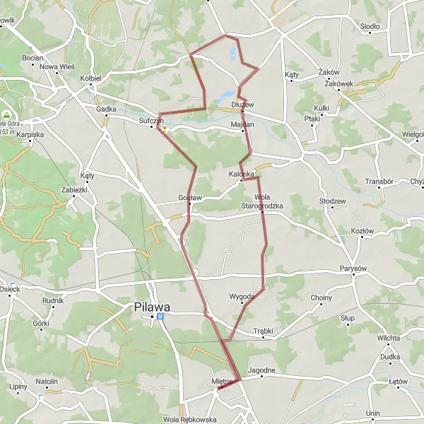 Map miniature of "The Gravel Ride through Charming Villages" cycling inspiration in Mazowiecki regionalny, Poland. Generated by Tarmacs.app cycling route planner
