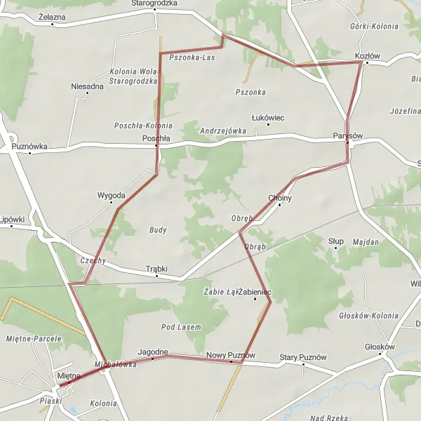 Miniatura mapy "Trasa gravelowa do Żabieńca" - trasy rowerowej w Mazowiecki regionalny, Poland. Wygenerowane przez planer tras rowerowych Tarmacs.app