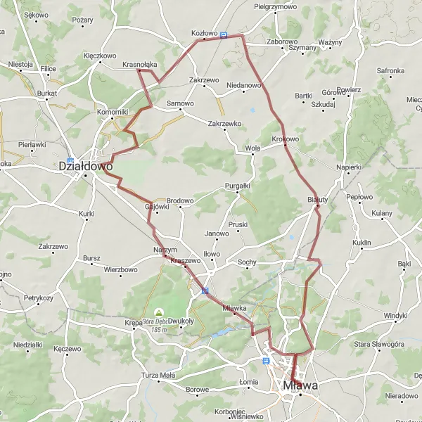 Map miniature of "Mławka-Narzym Circuit" cycling inspiration in Mazowiecki regionalny, Poland. Generated by Tarmacs.app cycling route planner