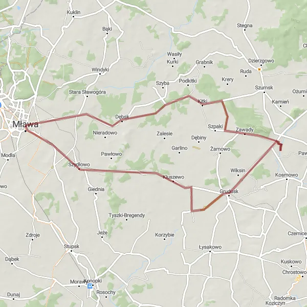 Map miniature of "Grudusk-Szydłowo Escape" cycling inspiration in Mazowiecki regionalny, Poland. Generated by Tarmacs.app cycling route planner