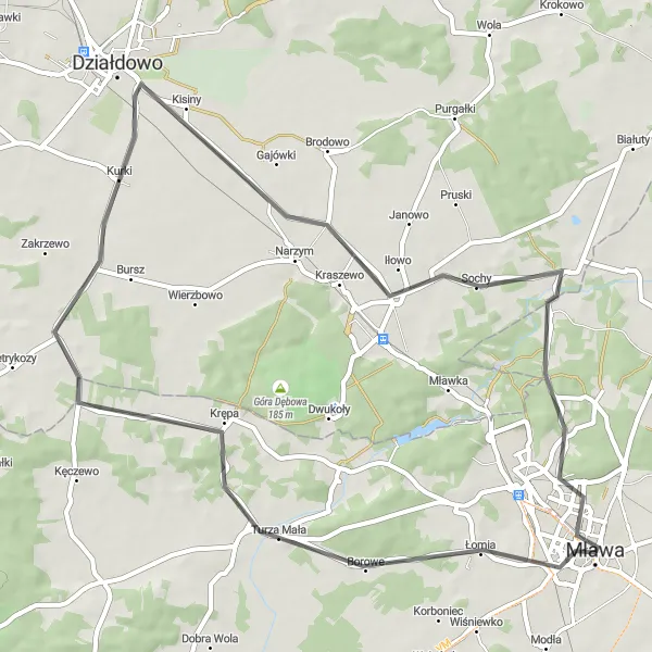Miniatura mapy "Trasa Mława - Działdowo" - trasy rowerowej w Mazowiecki regionalny, Poland. Wygenerowane przez planer tras rowerowych Tarmacs.app