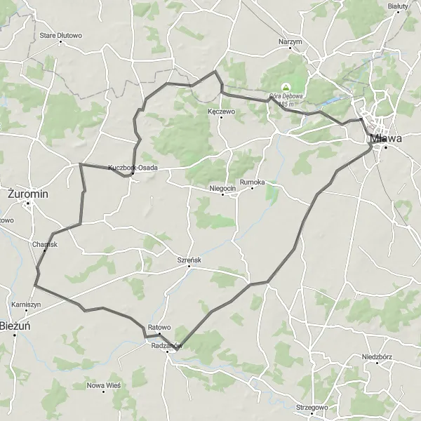 Map miniature of "The Heartland Loop" cycling inspiration in Mazowiecki regionalny, Poland. Generated by Tarmacs.app cycling route planner