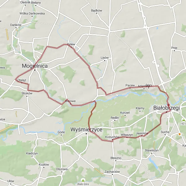 Map miniature of "Mogielnica - Rykały - Pacew - Jasionna - Osuchów" cycling inspiration in Mazowiecki regionalny, Poland. Generated by Tarmacs.app cycling route planner