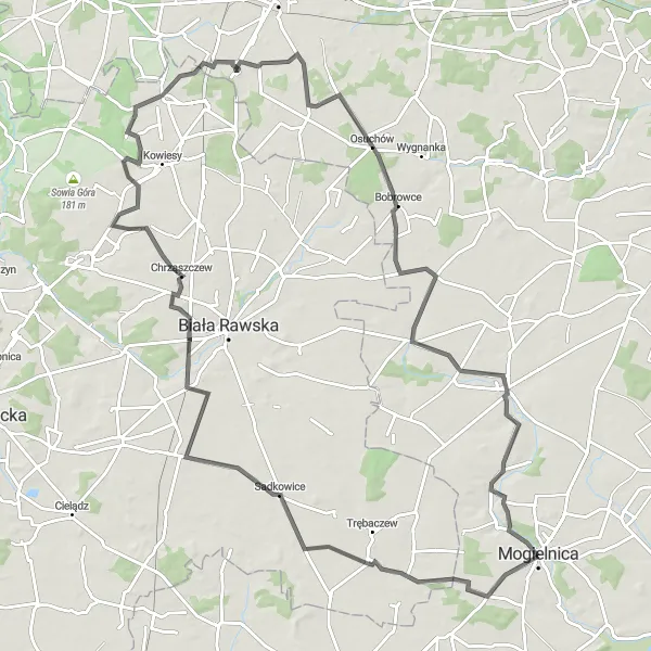 Map miniature of "Cycling the Scenic Routes of Mogielnica" cycling inspiration in Mazowiecki regionalny, Poland. Generated by Tarmacs.app cycling route planner