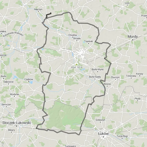 Map miniature of "Mokobody-Sosna-Kozółki-Tarcze-Stare Okniny-Jedlanka-Skórzec-Żuków" cycling inspiration in Mazowiecki regionalny, Poland. Generated by Tarmacs.app cycling route planner