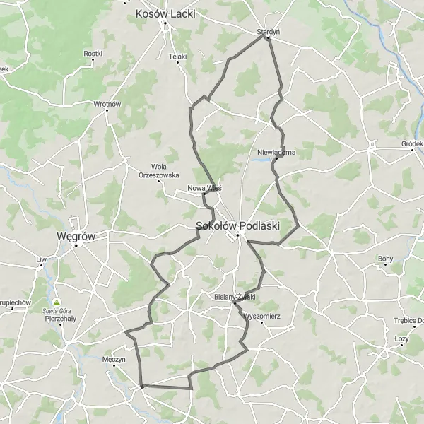 Map miniature of "Mokobody-Skibniew-Podawce-Niewiadoma-Karlusin-Osiny Dolne" cycling inspiration in Mazowiecki regionalny, Poland. Generated by Tarmacs.app cycling route planner