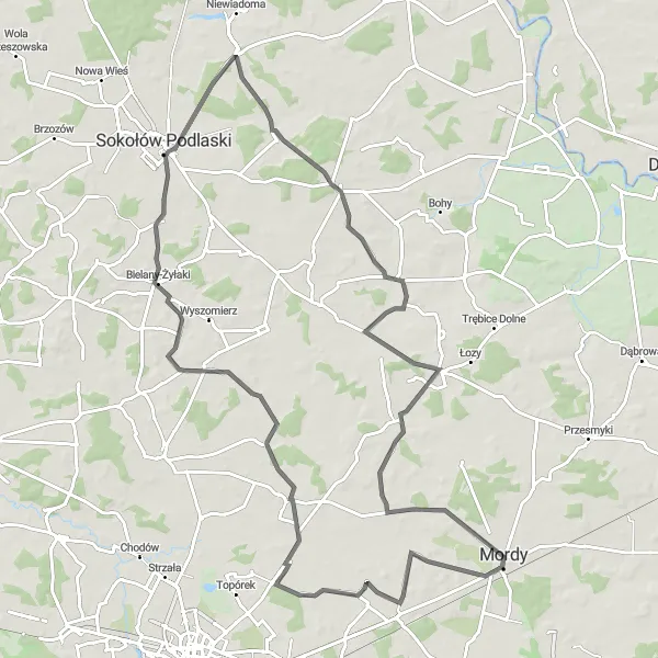 Map miniature of "Krynica-Żanecin- Konaty Loop" cycling inspiration in Mazowiecki regionalny, Poland. Generated by Tarmacs.app cycling route planner