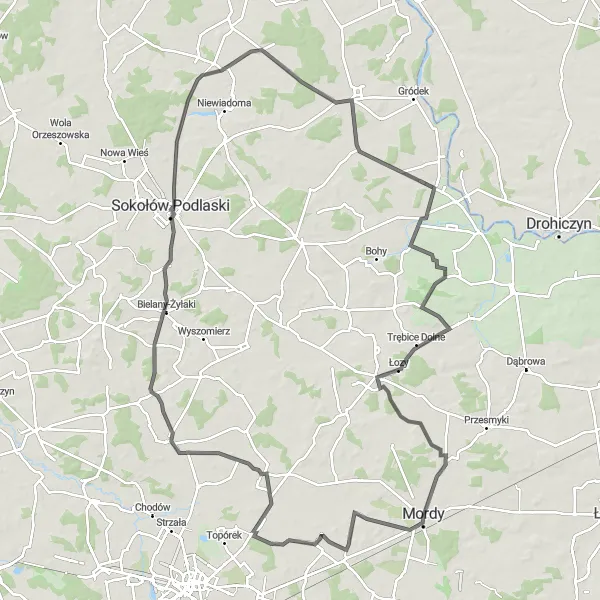 Miniatura mapy "Trasa z Mord do Suchożebry i Jabłonny Lackiej" - trasy rowerowej w Mazowiecki regionalny, Poland. Wygenerowane przez planer tras rowerowych Tarmacs.app