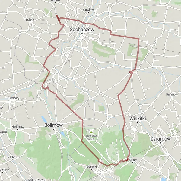 Map miniature of "Mrozy to Starowiskitki Loop" cycling inspiration in Mazowiecki regionalny, Poland. Generated by Tarmacs.app cycling route planner