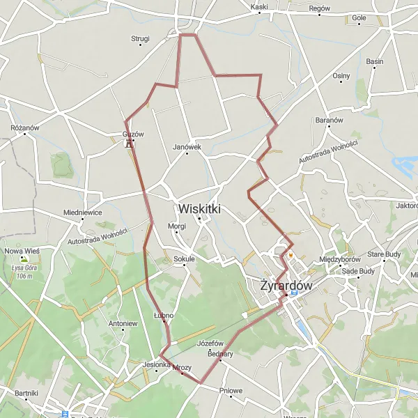 Map miniature of "Mrozy to Guzów Loop" cycling inspiration in Mazowiecki regionalny, Poland. Generated by Tarmacs.app cycling route planner