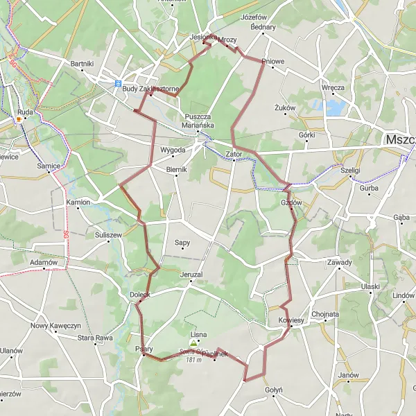 Map miniature of "Korabiewice Loop" cycling inspiration in Mazowiecki regionalny, Poland. Generated by Tarmacs.app cycling route planner