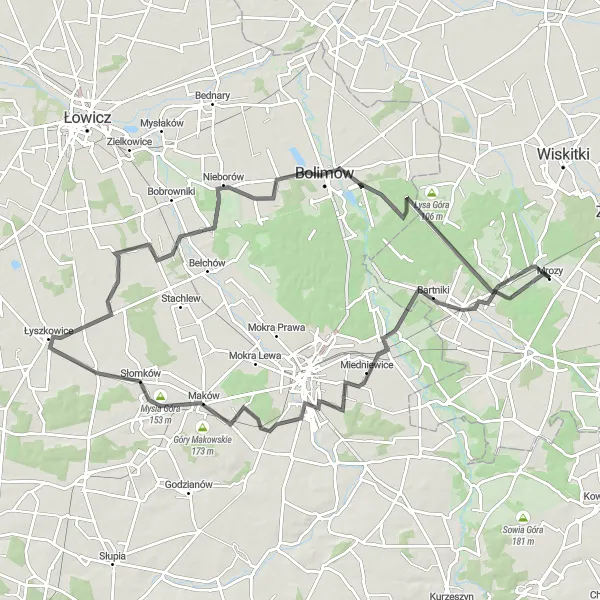 Map miniature of "Maków Loop" cycling inspiration in Mazowiecki regionalny, Poland. Generated by Tarmacs.app cycling route planner