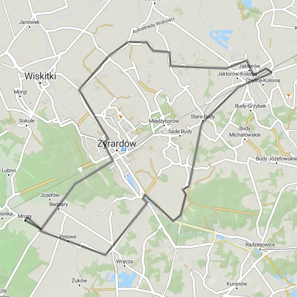 Map miniature of "Jaktorów Circle" cycling inspiration in Mazowiecki regionalny, Poland. Generated by Tarmacs.app cycling route planner