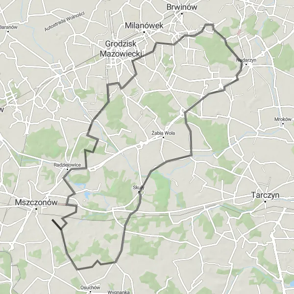 Map miniature of "Adamów-Wieś Loop" cycling inspiration in Mazowiecki regionalny, Poland. Generated by Tarmacs.app cycling route planner