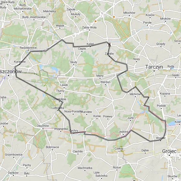 Map miniature of "Głuchów Road Cycling Adventure" cycling inspiration in Mazowiecki regionalny, Poland. Generated by Tarmacs.app cycling route planner