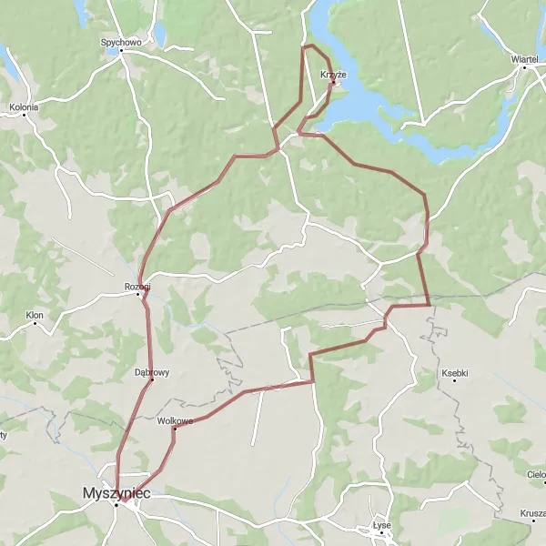 Map miniature of "Rozogi Trail" cycling inspiration in Mazowiecki regionalny, Poland. Generated by Tarmacs.app cycling route planner
