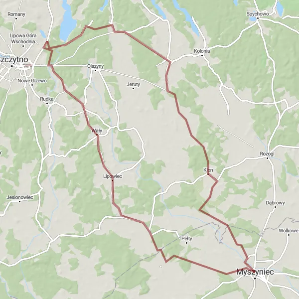 Map miniature of "Through the Countryside" cycling inspiration in Mazowiecki regionalny, Poland. Generated by Tarmacs.app cycling route planner