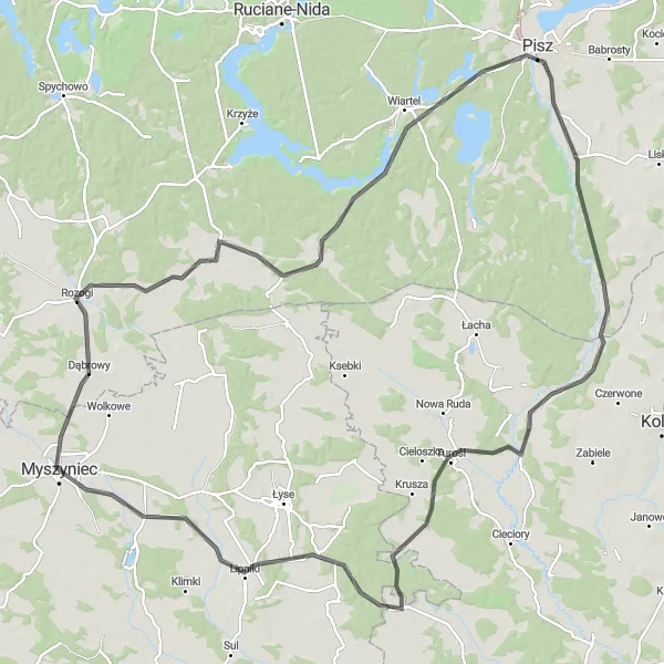 Map miniature of "Rozogi Loop" cycling inspiration in Mazowiecki regionalny, Poland. Generated by Tarmacs.app cycling route planner