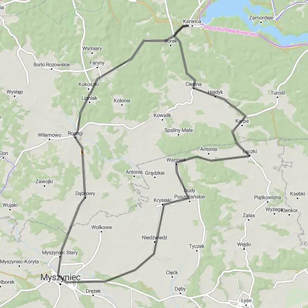 Map miniature of "Rozogi-Karwica Loop" cycling inspiration in Mazowiecki regionalny, Poland. Generated by Tarmacs.app cycling route planner