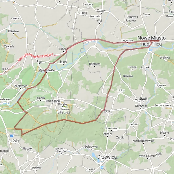 Map miniature of "The Łęgonice Gravel Adventure" cycling inspiration in Mazowiecki regionalny, Poland. Generated by Tarmacs.app cycling route planner