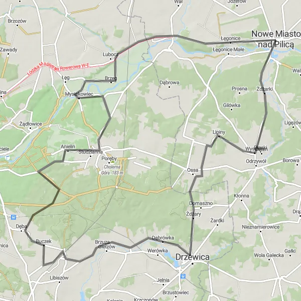 Map miniature of "Pilica Palaces and Ancient Villages" cycling inspiration in Mazowiecki regionalny, Poland. Generated by Tarmacs.app cycling route planner