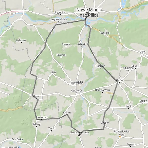 Map miniature of "Granowskich Palace Loop" cycling inspiration in Mazowiecki regionalny, Poland. Generated by Tarmacs.app cycling route planner