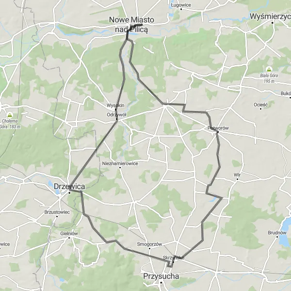 Miniatura mapy "Trasa Road: Potworów - Skrzyńsko - Drzewica - Odrzywół - Nowe Miasto nad Pilicą" - trasy rowerowej w Mazowiecki regionalny, Poland. Wygenerowane przez planer tras rowerowych Tarmacs.app